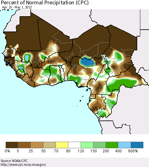 Western Africa Percent of Normal Precipitation (CPC) Thematic Map For 4/25/2022 - 5/1/2022