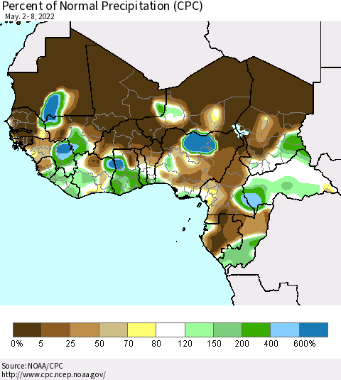 Western Africa Percent of Normal Precipitation (CPC) Thematic Map For 5/2/2022 - 5/8/2022