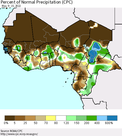 Western Africa Percent of Normal Precipitation (CPC) Thematic Map For 5/9/2022 - 5/15/2022