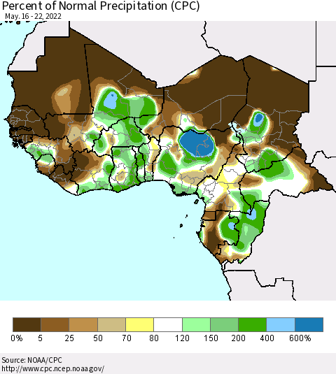 Western Africa Percent of Normal Precipitation (CPC) Thematic Map For 5/16/2022 - 5/22/2022