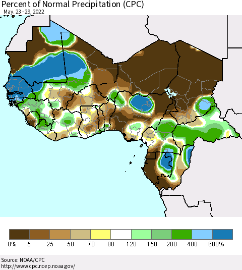 Western Africa Percent of Normal Precipitation (CPC) Thematic Map For 5/23/2022 - 5/29/2022
