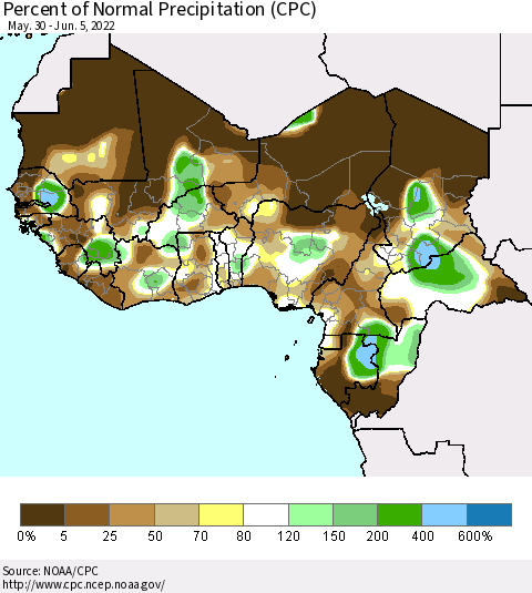 Western Africa Percent of Normal Precipitation (CPC) Thematic Map For 5/30/2022 - 6/5/2022