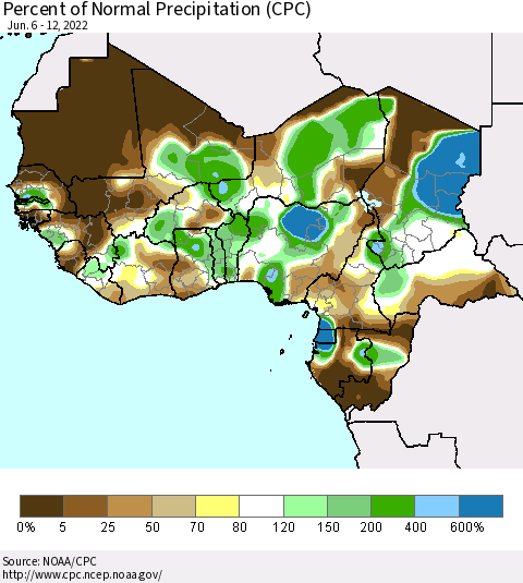 Western Africa Percent of Normal Precipitation (CPC) Thematic Map For 6/6/2022 - 6/12/2022