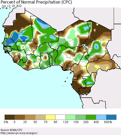 Western Africa Percent of Normal Precipitation (CPC) Thematic Map For 6/13/2022 - 6/19/2022