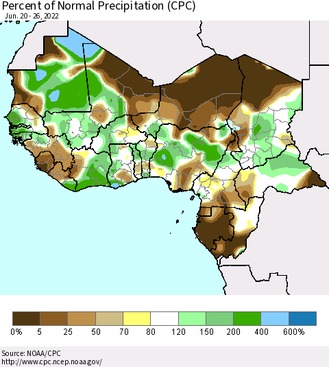 Western Africa Percent of Normal Precipitation (CPC) Thematic Map For 6/20/2022 - 6/26/2022