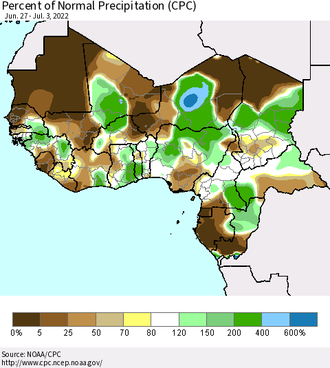 Western Africa Percent of Normal Precipitation (CPC) Thematic Map For 6/27/2022 - 7/3/2022