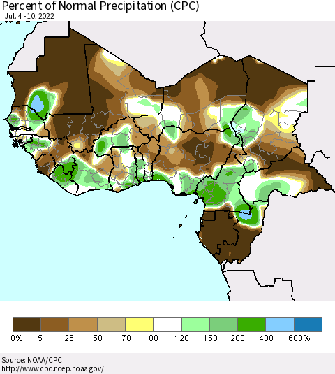 Western Africa Percent of Normal Precipitation (CPC) Thematic Map For 7/4/2022 - 7/10/2022