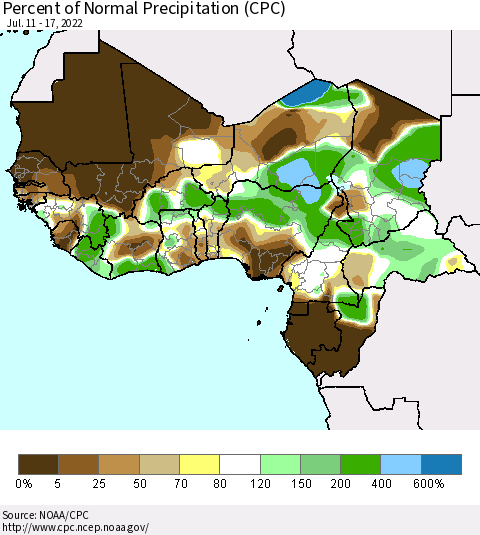 Western Africa Percent of Normal Precipitation (CPC) Thematic Map For 7/11/2022 - 7/17/2022
