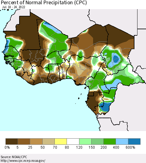 Western Africa Percent of Normal Precipitation (CPC) Thematic Map For 7/18/2022 - 7/24/2022