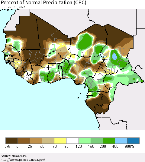 Western Africa Percent of Normal Precipitation (CPC) Thematic Map For 7/25/2022 - 7/31/2022