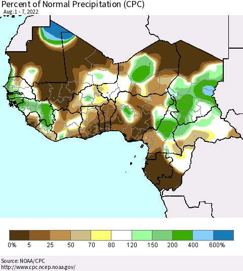 Western Africa Percent of Normal Precipitation (CPC) Thematic Map For 8/1/2022 - 8/7/2022