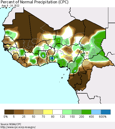 Western Africa Percent of Normal Precipitation (CPC) Thematic Map For 8/8/2022 - 8/14/2022