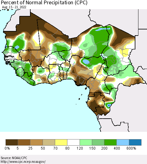 Western Africa Percent of Normal Precipitation (CPC) Thematic Map For 8/15/2022 - 8/21/2022