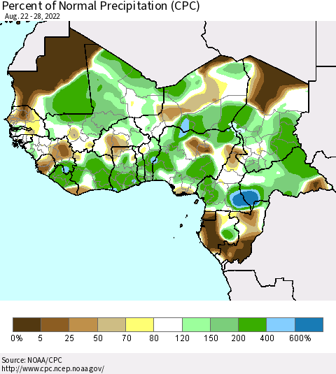 Western Africa Percent of Normal Precipitation (CPC) Thematic Map For 8/22/2022 - 8/28/2022