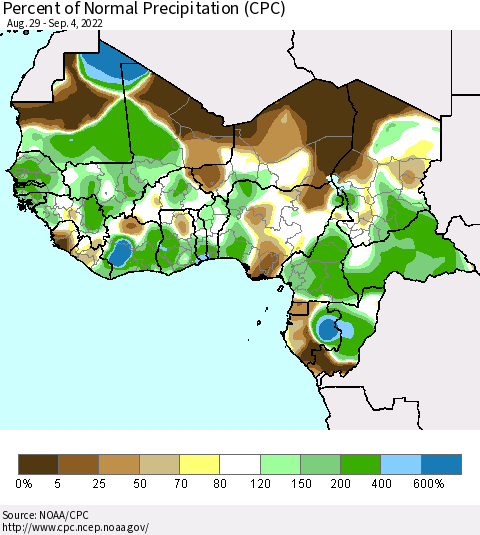 Western Africa Percent of Normal Precipitation (CPC) Thematic Map For 8/29/2022 - 9/4/2022