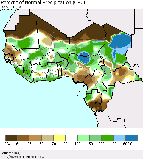 Western Africa Percent of Normal Precipitation (CPC) Thematic Map For 9/5/2022 - 9/11/2022
