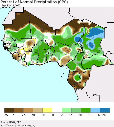 Western Africa Percent of Normal Precipitation (CPC) Thematic Map For 9/12/2022 - 9/18/2022