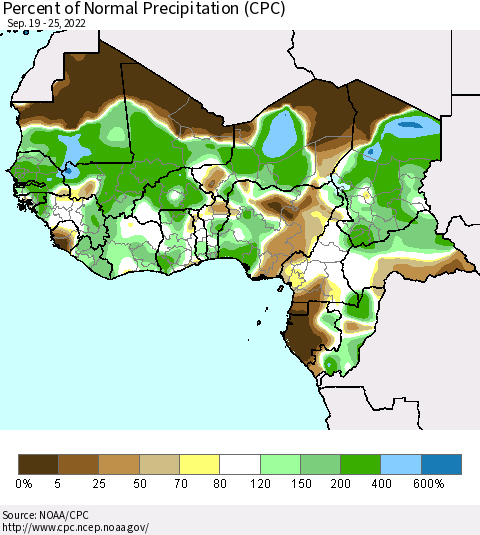 Western Africa Percent of Normal Precipitation (CPC) Thematic Map For 9/19/2022 - 9/25/2022