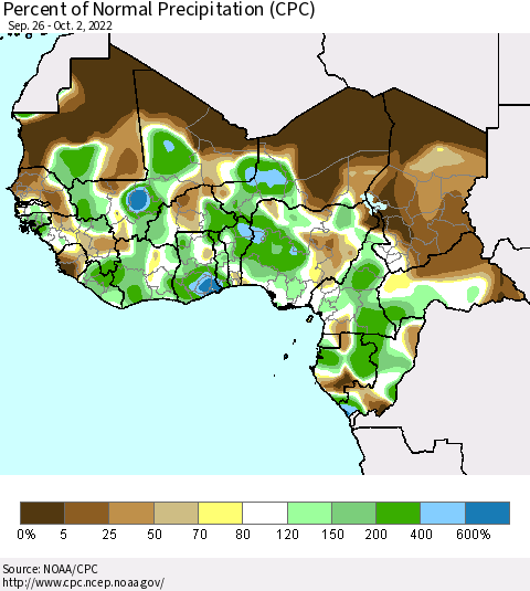 Western Africa Percent of Normal Precipitation (CPC) Thematic Map For 9/26/2022 - 10/2/2022