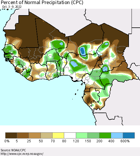 Western Africa Percent of Normal Precipitation (CPC) Thematic Map For 10/3/2022 - 10/9/2022