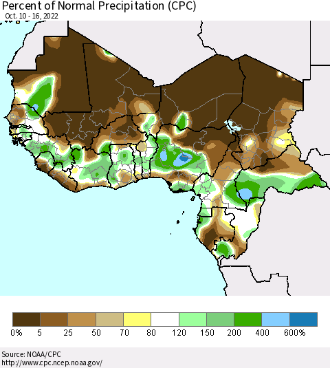 Western Africa Percent of Normal Precipitation (CPC) Thematic Map For 10/10/2022 - 10/16/2022