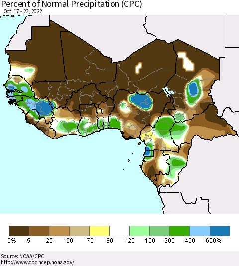 Western Africa Percent of Normal Precipitation (CPC) Thematic Map For 10/17/2022 - 10/23/2022