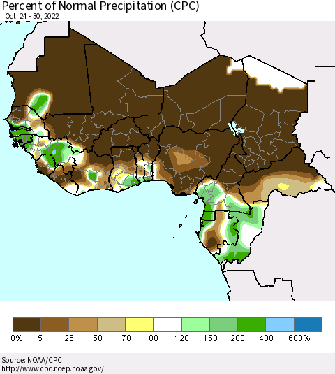 Western Africa Percent of Normal Precipitation (CPC) Thematic Map For 10/24/2022 - 10/30/2022