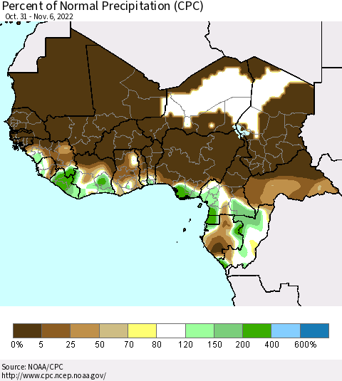 Western Africa Percent of Normal Precipitation (CPC) Thematic Map For 10/31/2022 - 11/6/2022
