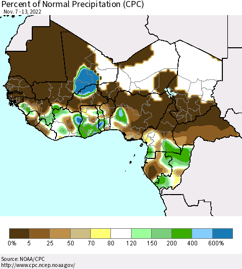 Western Africa Percent of Normal Precipitation (CPC) Thematic Map For 11/7/2022 - 11/13/2022