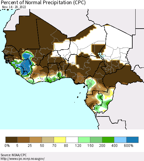 Western Africa Percent of Normal Precipitation (CPC) Thematic Map For 11/14/2022 - 11/20/2022