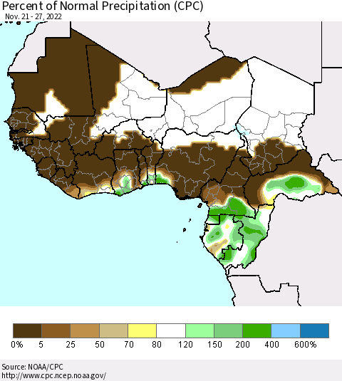 Western Africa Percent of Normal Precipitation (CPC) Thematic Map For 11/21/2022 - 11/27/2022