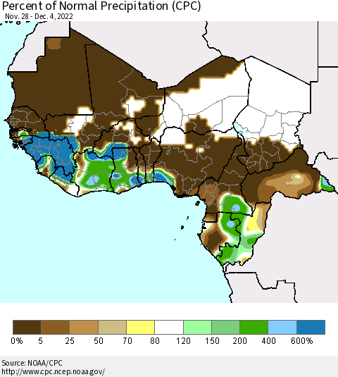 Western Africa Percent of Normal Precipitation (CPC) Thematic Map For 11/28/2022 - 12/4/2022