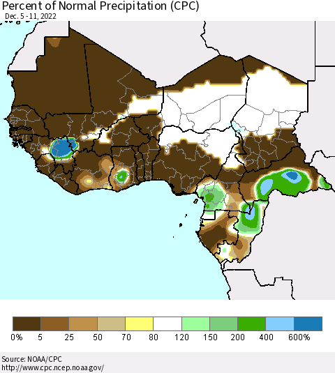Western Africa Percent of Normal Precipitation (CPC) Thematic Map For 12/5/2022 - 12/11/2022