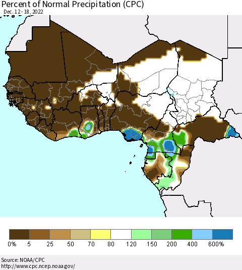 Western Africa Percent of Normal Precipitation (CPC) Thematic Map For 12/12/2022 - 12/18/2022