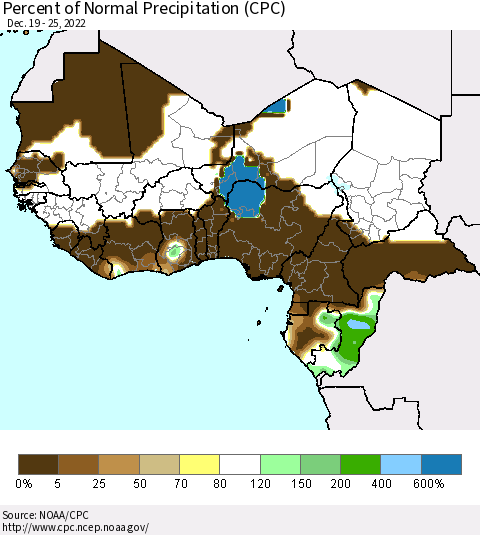 Western Africa Percent of Normal Precipitation (CPC) Thematic Map For 12/19/2022 - 12/25/2022