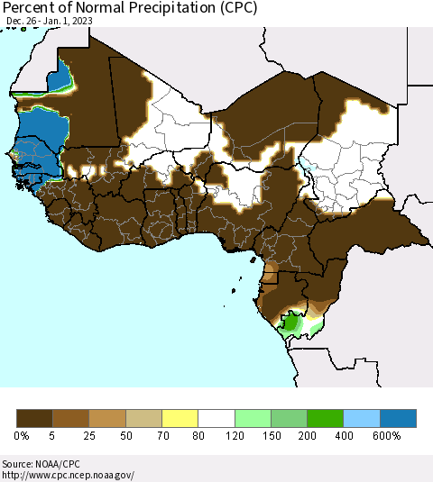 Western Africa Percent of Normal Precipitation (CPC) Thematic Map For 12/26/2022 - 1/1/2023