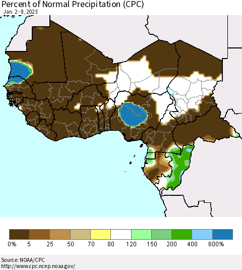Western Africa Percent of Normal Precipitation (CPC) Thematic Map For 1/2/2023 - 1/8/2023