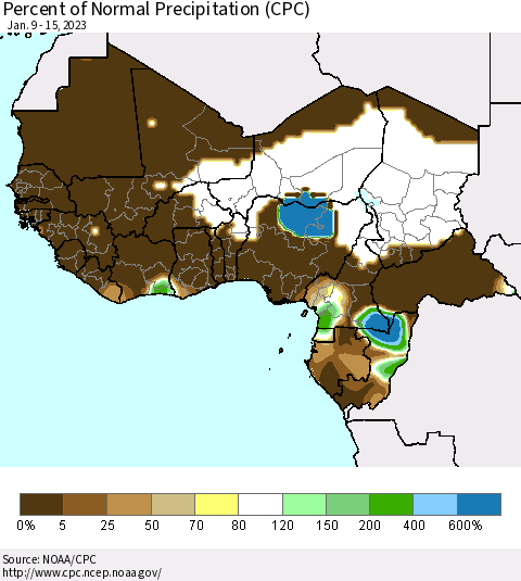 Western Africa Percent of Normal Precipitation (CPC) Thematic Map For 1/9/2023 - 1/15/2023