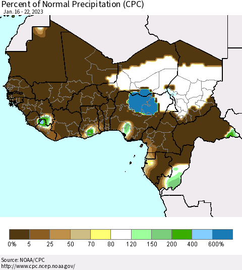 Western Africa Percent of Normal Precipitation (CPC) Thematic Map For 1/16/2023 - 1/22/2023