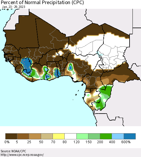 Western Africa Percent of Normal Precipitation (CPC) Thematic Map For 1/23/2023 - 1/29/2023