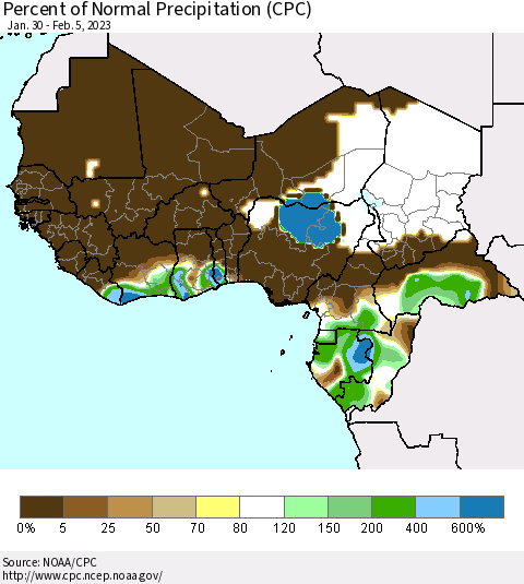 Western Africa Percent of Normal Precipitation (CPC) Thematic Map For 1/30/2023 - 2/5/2023