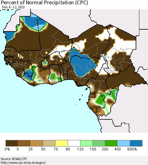 Western Africa Percent of Normal Precipitation (CPC) Thematic Map For 2/6/2023 - 2/12/2023