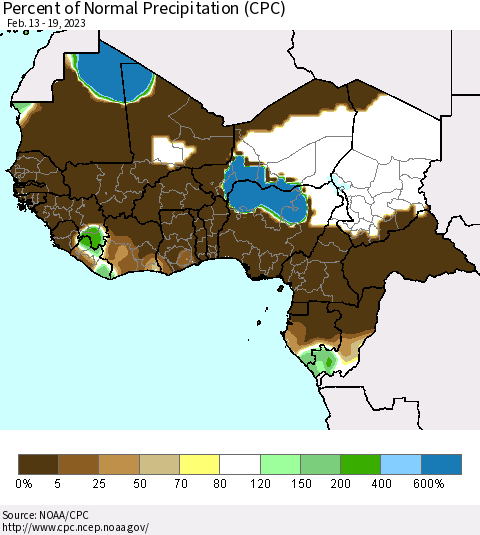 Western Africa Percent of Normal Precipitation (CPC) Thematic Map For 2/13/2023 - 2/19/2023