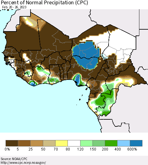 Western Africa Percent of Normal Precipitation (CPC) Thematic Map For 2/20/2023 - 2/26/2023