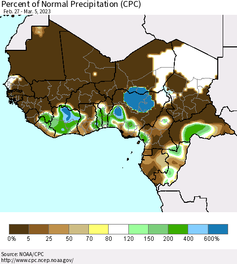 Western Africa Percent of Normal Precipitation (CPC) Thematic Map For 2/27/2023 - 3/5/2023