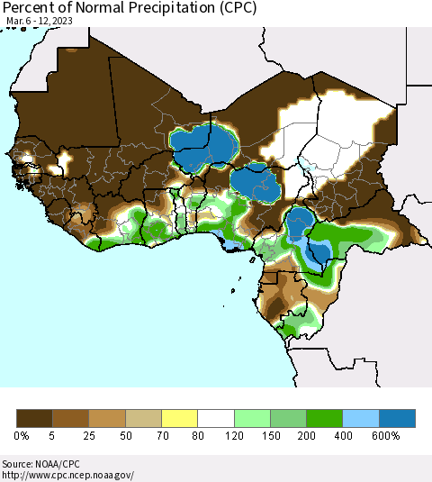 Western Africa Percent of Normal Precipitation (CPC) Thematic Map For 3/6/2023 - 3/12/2023