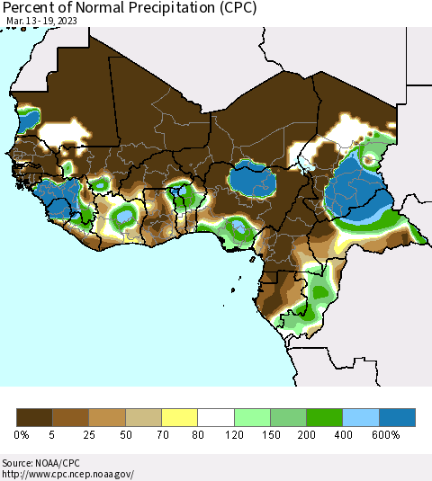 Western Africa Percent of Normal Precipitation (CPC) Thematic Map For 3/13/2023 - 3/19/2023