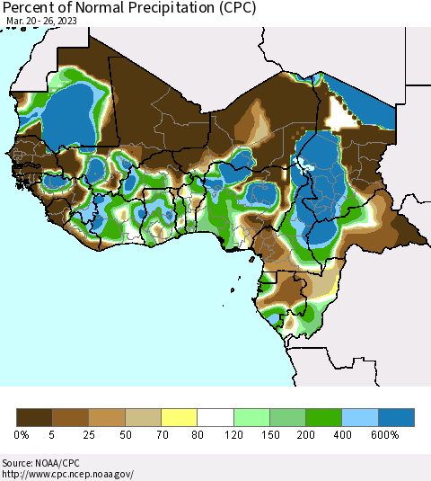 Western Africa Percent of Normal Precipitation (CPC) Thematic Map For 3/20/2023 - 3/26/2023