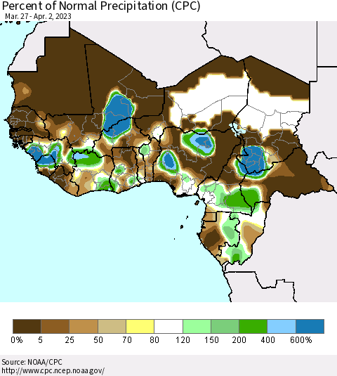 Western Africa Percent of Normal Precipitation (CPC) Thematic Map For 3/27/2023 - 4/2/2023
