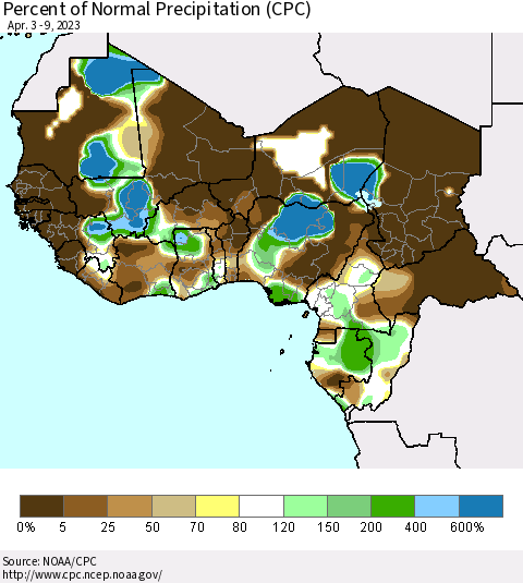 Western Africa Percent of Normal Precipitation (CPC) Thematic Map For 4/3/2023 - 4/9/2023